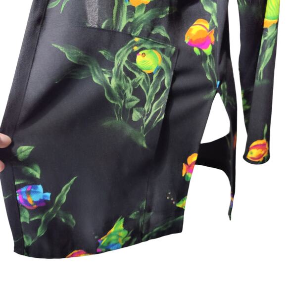 Vintage 80s Connie Choi Neon Fish Print Black Long Line Open Front Hooded Shirt - Picture 6 of 8